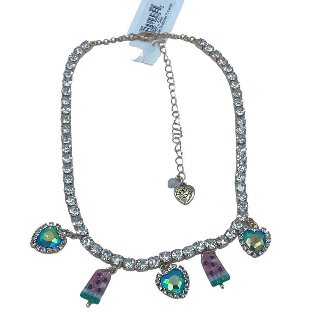 NWT Betsey Johnson Charm crystal necklace w watermelon and dangling hearts